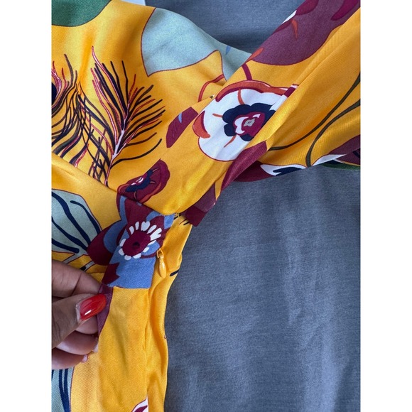 Why Dress Women L Yellow Floral Peacock Feather Bow Neck Mini Party Feminine - Picture 13 of 15